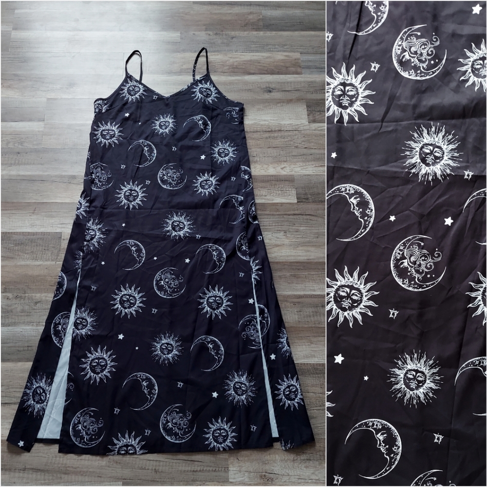 Celestial Sun Moon Star Print Midi Dress Large Goth Witch Fairy Zodiac Astrology - Picture 3 of 13
